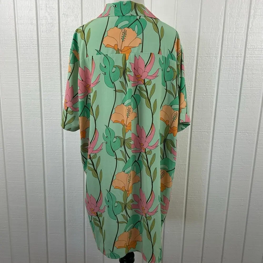 Lulus Green Floral Shirt Dress Preppy Spring Mini XL - Picture 7 of 8